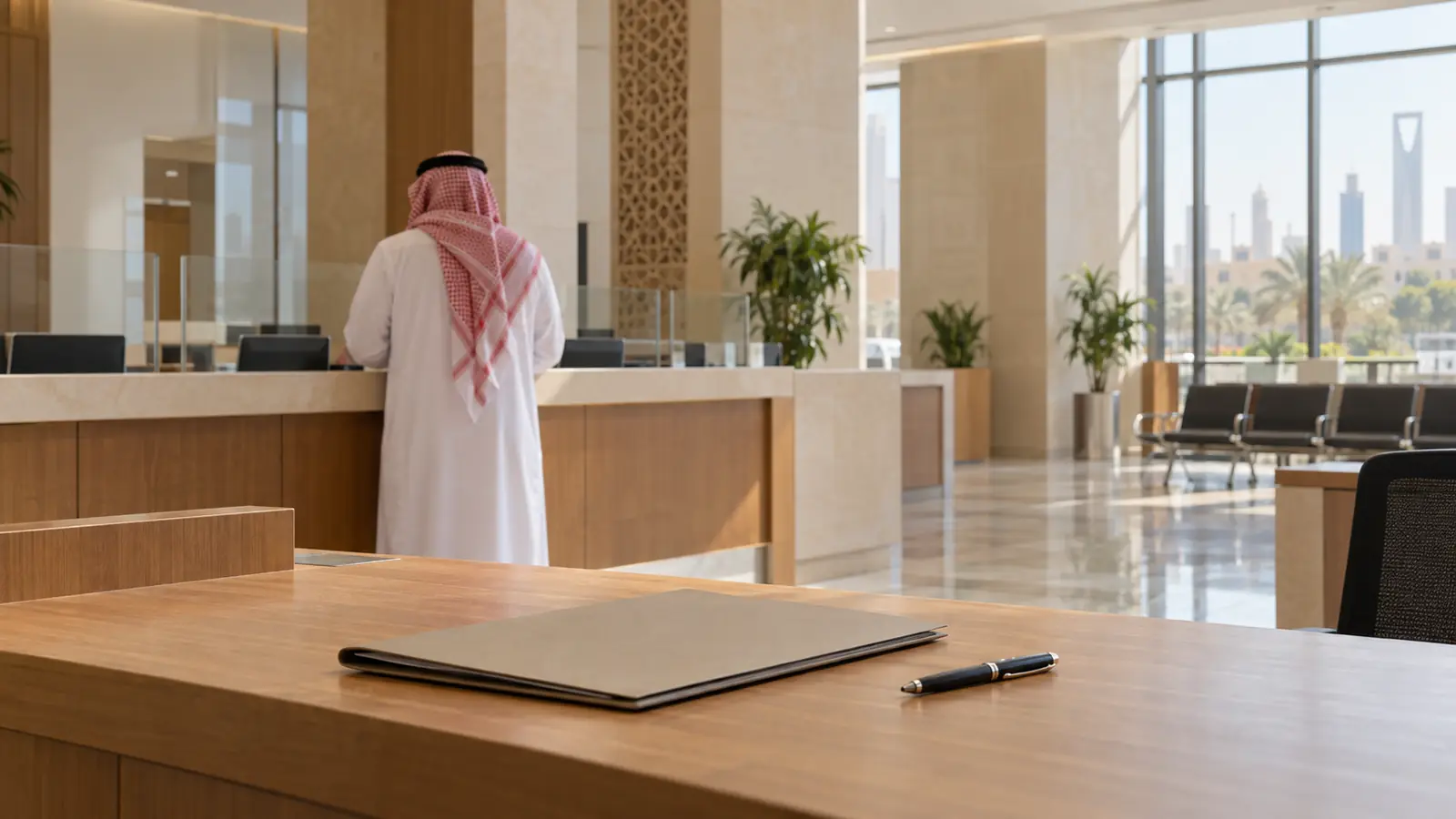 رجل سعودي من الخلف عند مكتب خدمة رسمي يتابع توثيق عقد الزواج في السعودية