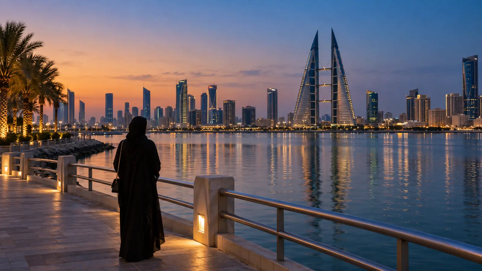 امرأة بعباءة محتشمة تنظر إلى أفق المنامة عند الغروب في صورة عن زواج المقيمين في البحرين