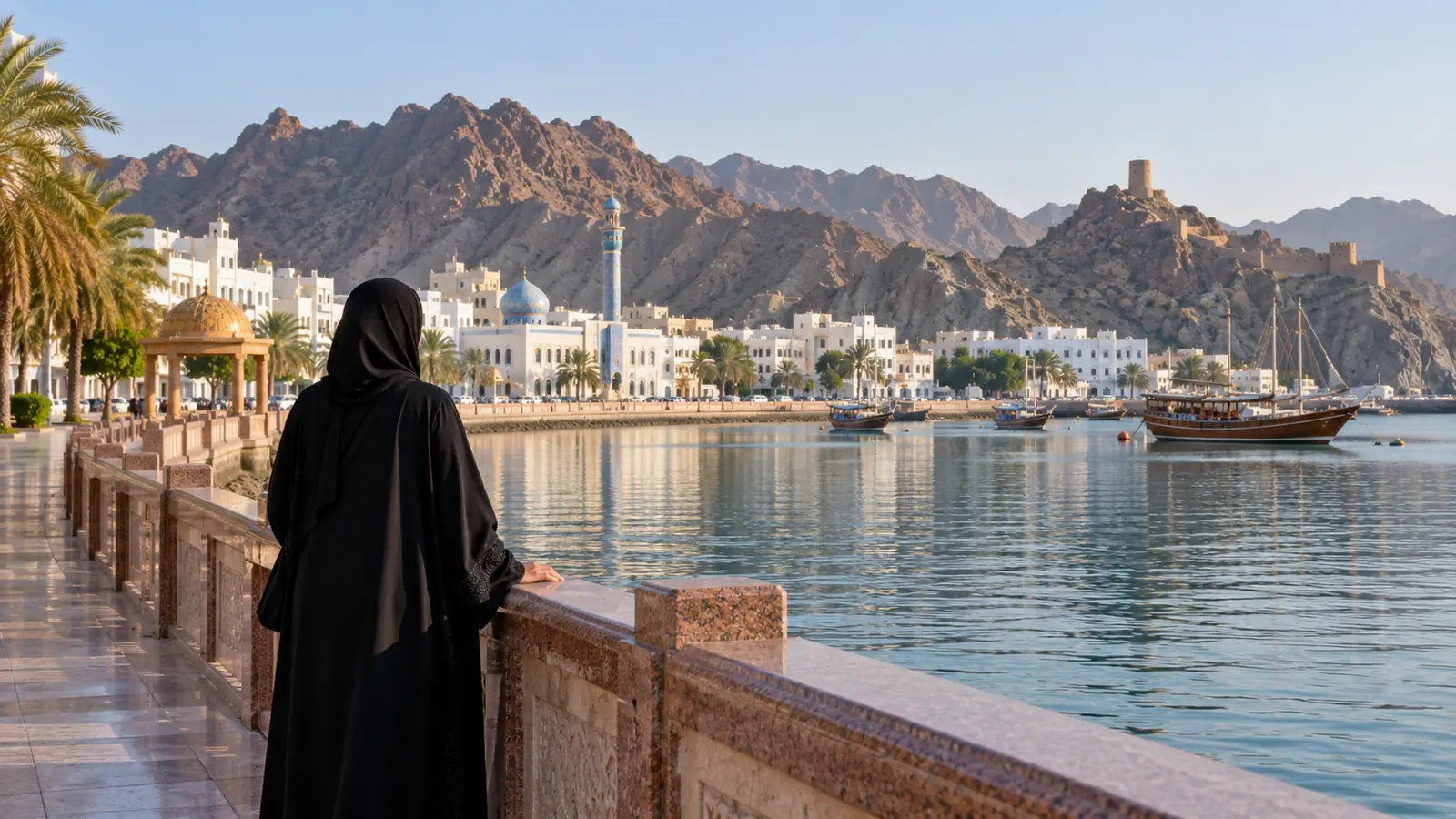 امرأة بعباءة محتشمة على كورنيش مطرح في مسقط، صورة عن زواج المقيمين في سلطنة عُمان