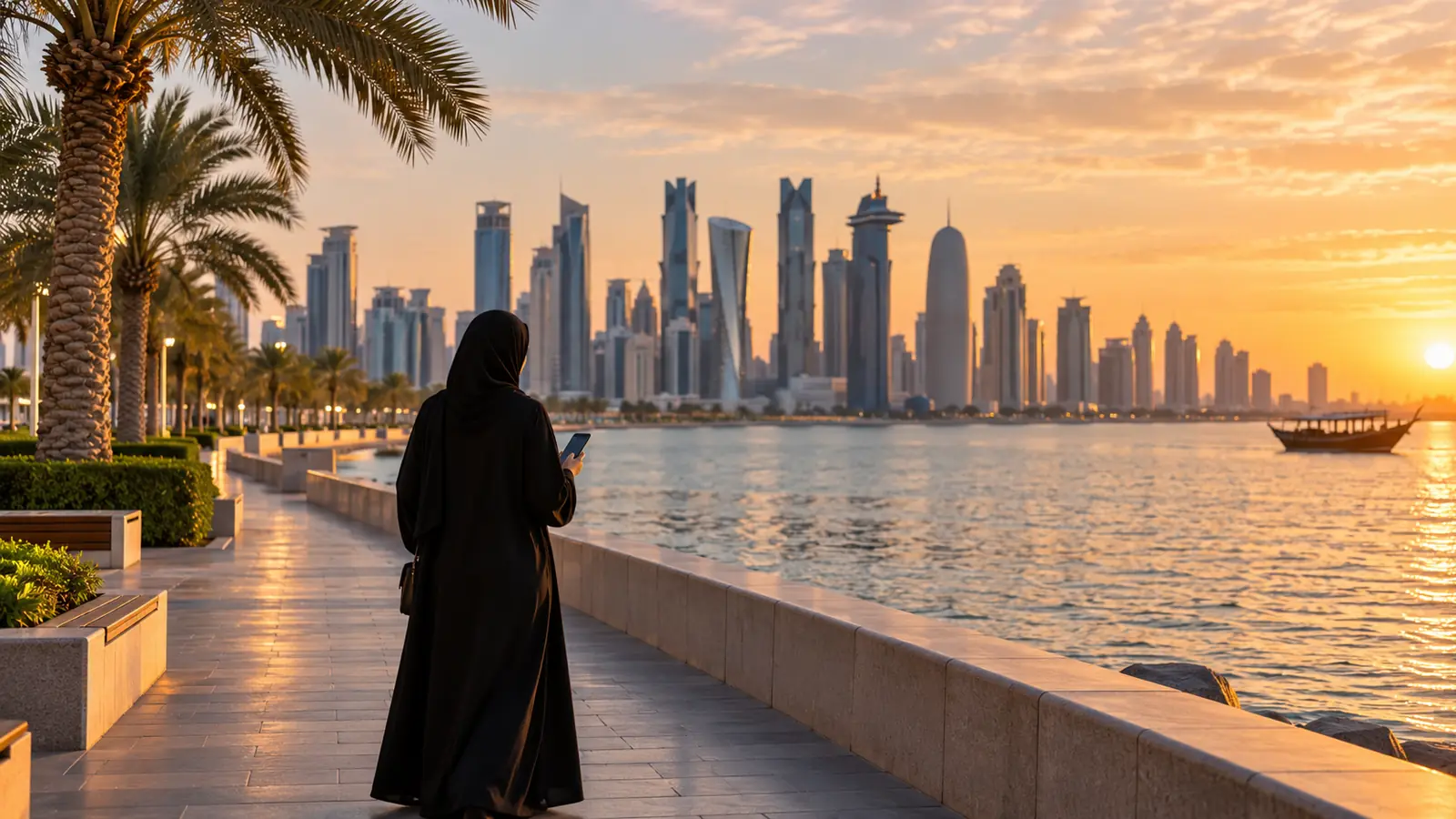 امرأة ترتدي عباءة محتشمة تمشي على كورنيش الدوحة عند الغروب، صورة معبرة عن زواج المقيمين في قطر