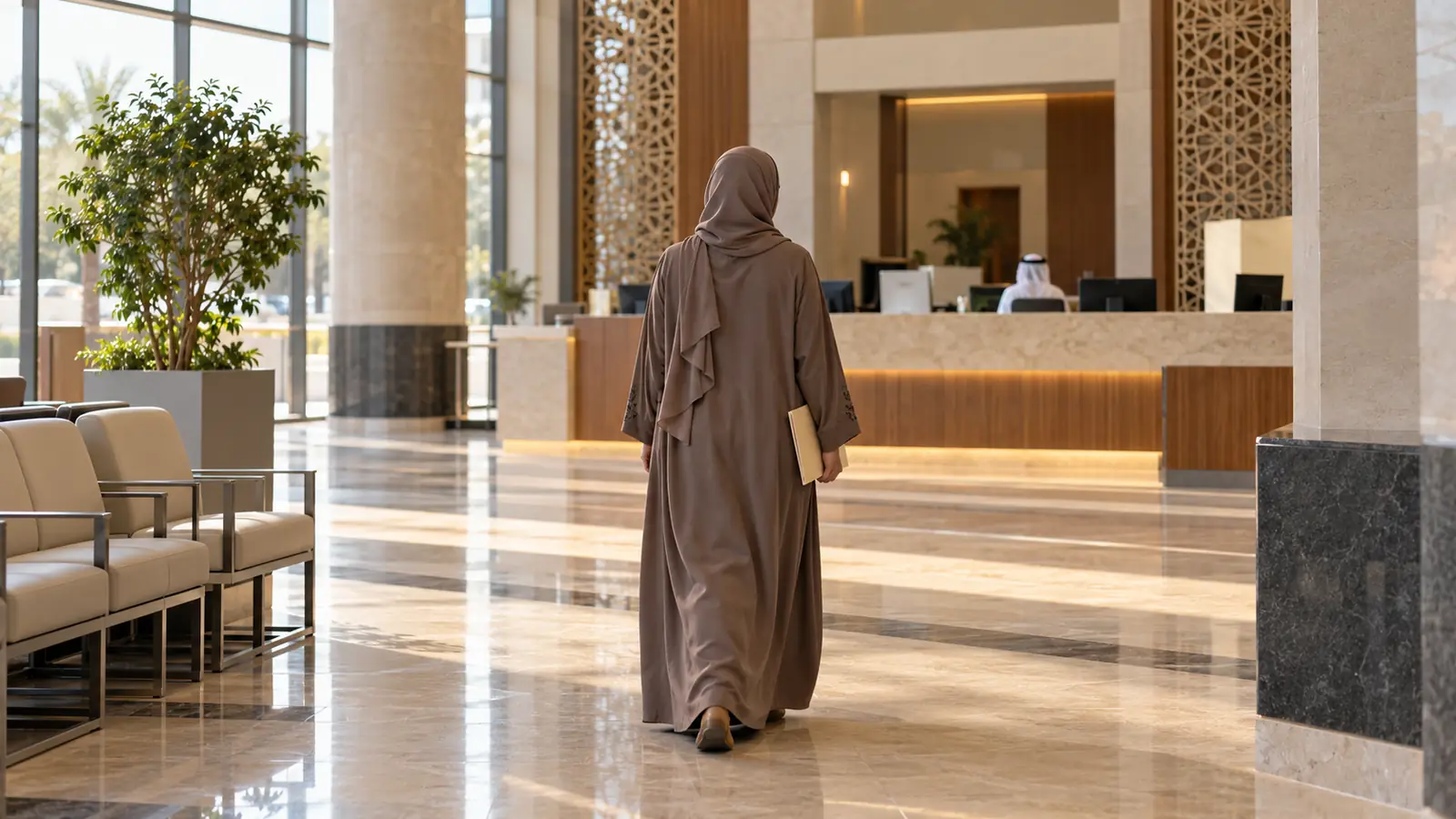 امرأة من الخلف تحمل ملف أوراق في بهو محكمة أثناء إجراءات زواج المقيمين في الإمارات