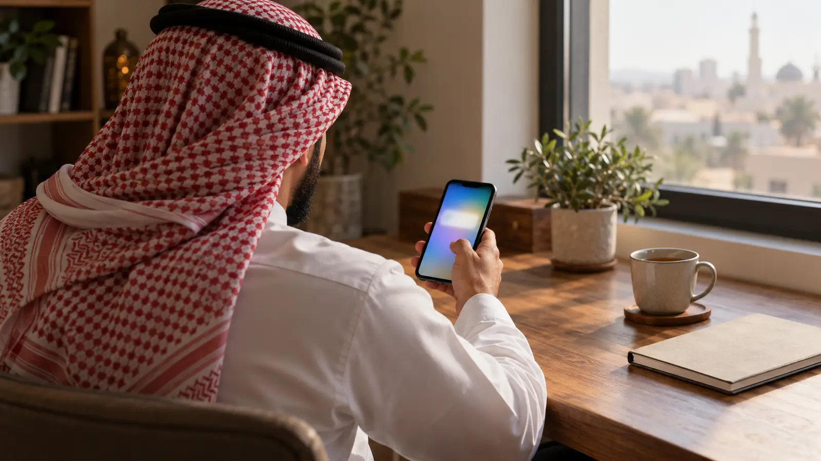 رجل يتأمل رسالة على هاتفه قبل أن يقرر، في مشهد عن الحذر من إعلانات امرأة ثرية تبحث عن زوج