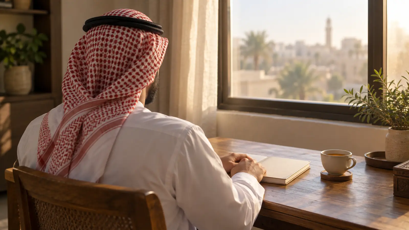 رجل عربي من الخلف يجلس إلى مكتب قرب نافذة يتأمل قرار البحث عن زوجة ثانية بصدق