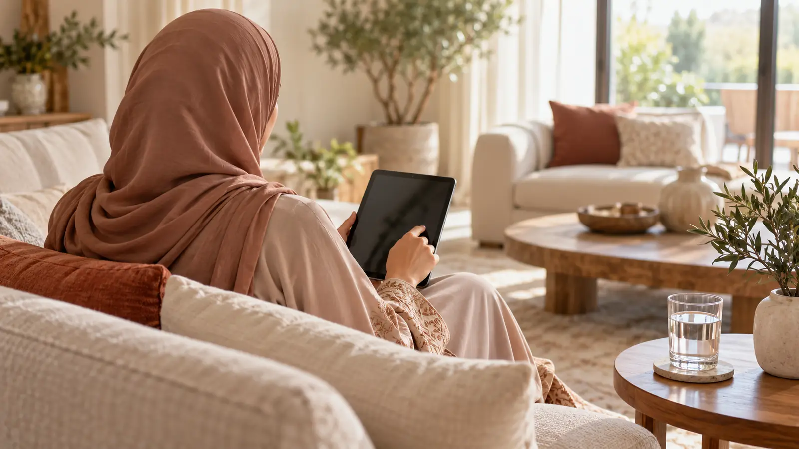 امرأة عربية محتشمة تتصفح ملفات على جهاز لوحي في غرفة جلوس مضاءة بهدوء