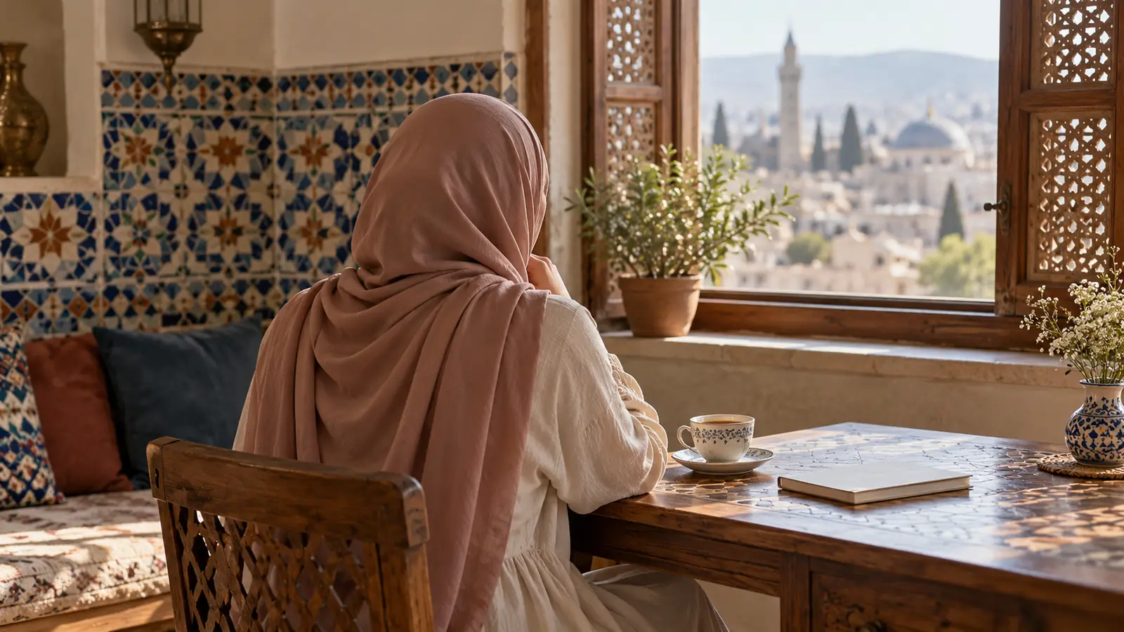 امرأة من الخلف على طاولة قرب نافذة تفكر في خطابة سورية أو تطبيق زواج