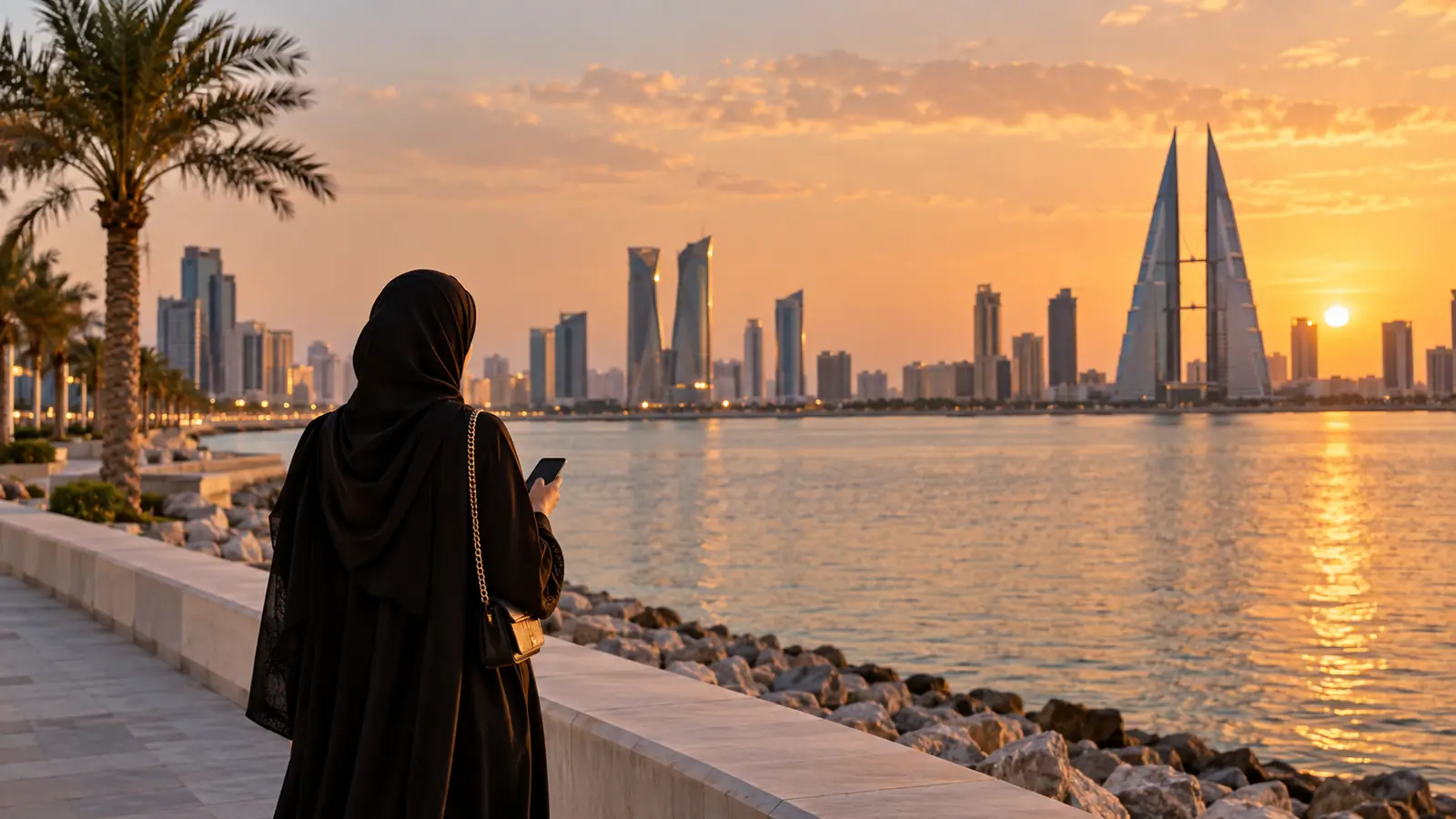 امرأة عربية بلباس محتشم تمسك هاتفها على كورنيش المنامة وقت الغروب، للتعارف بنية الزواج