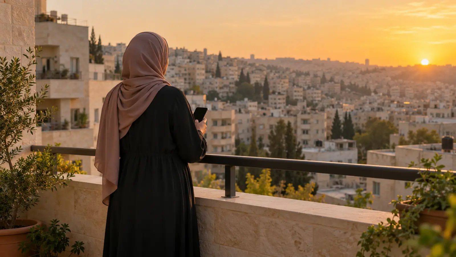 امرأة تحمل هاتفها على شرفة في عمّان العاصمة الأردنية عند الغروب، صورة لمقال تعارف بنات الأردن