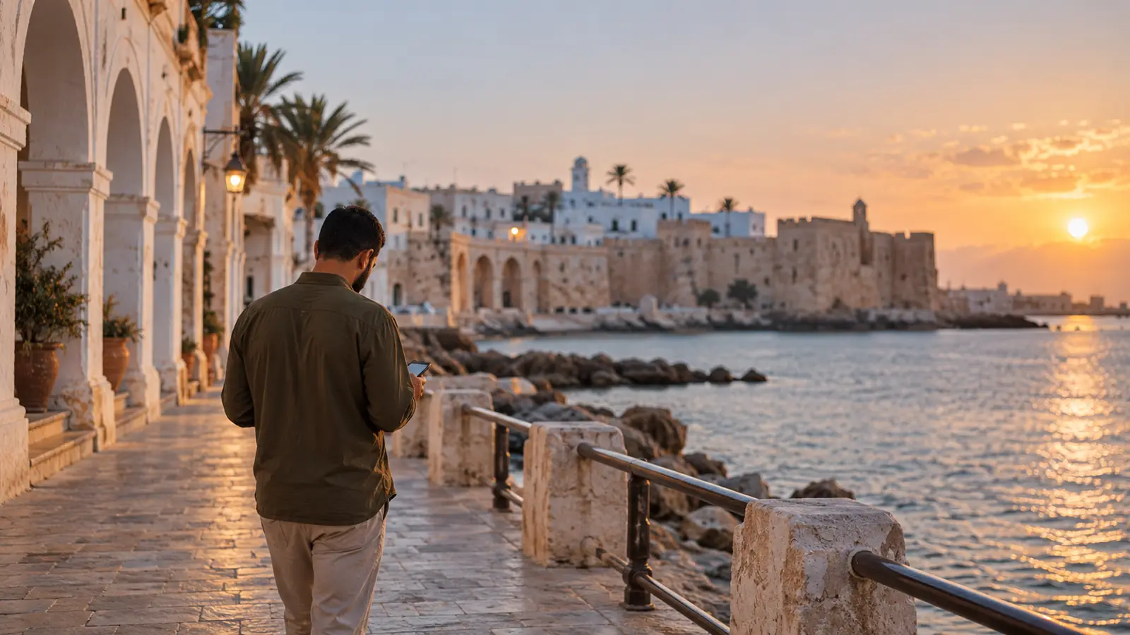 رجل يتصفح هاتفه على واجهة بحرية في طرابلس ليبيا عند الغروب لمقال تعارف بنات ليبيا
