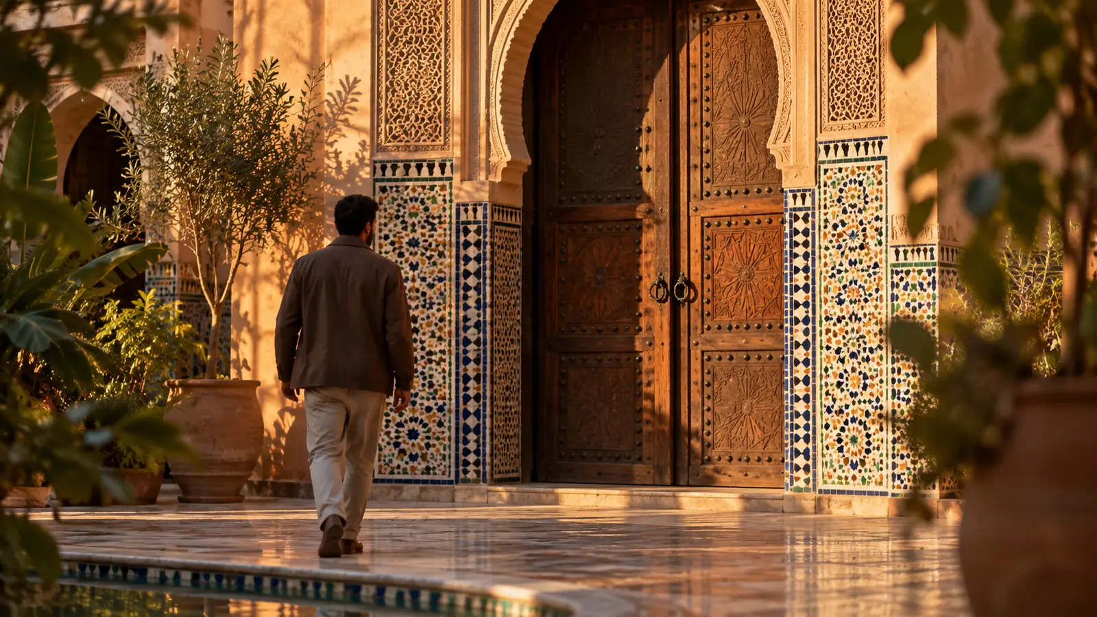 رجل من الخلف يقترب من باب رياض مزخرف بالزليج، صورة تعبّر عن تعارف بنات المغرب بنية الزواج