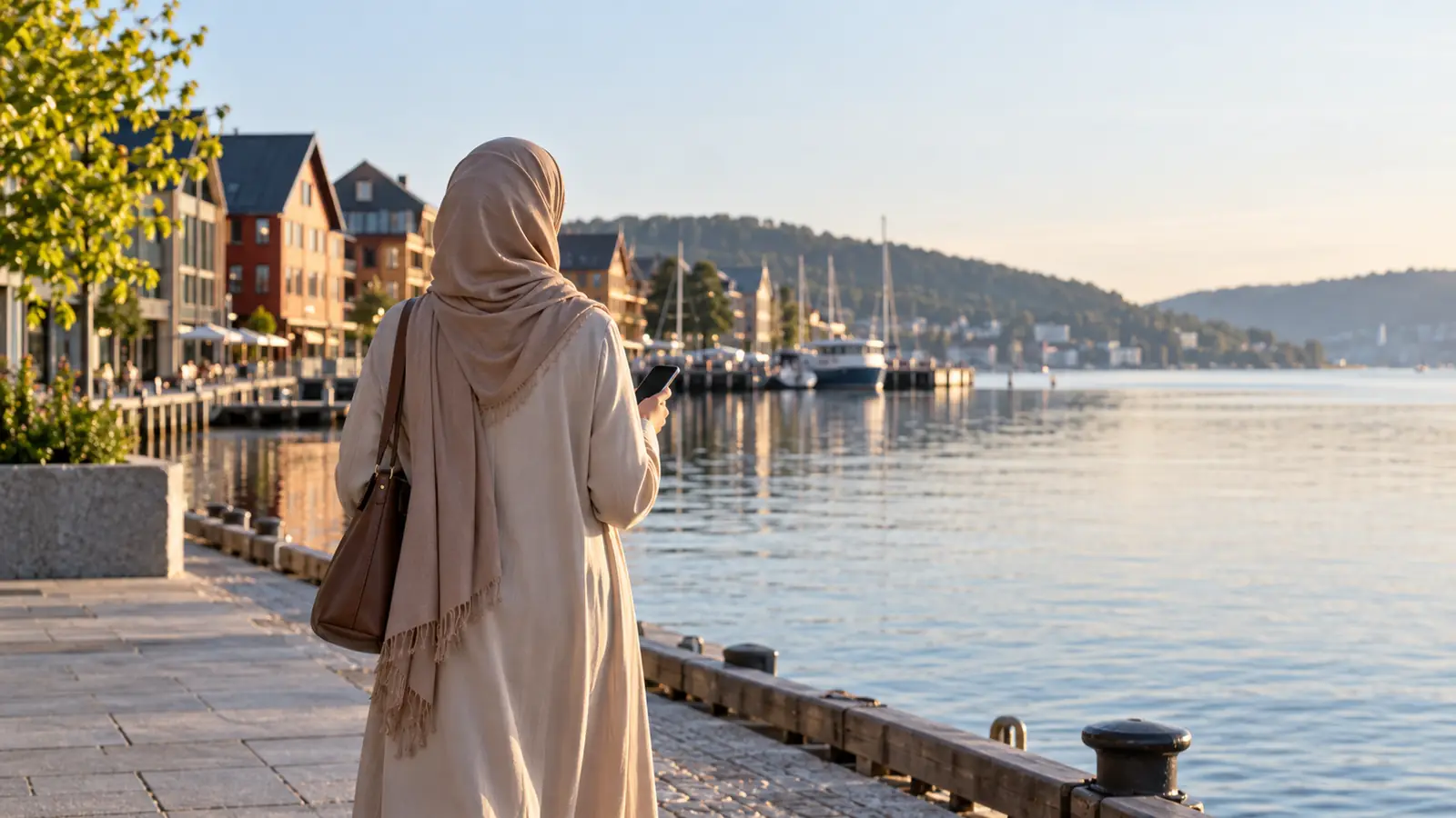 امرأة عربية من الخلف على كورنيش أوسلو تنظر إلى هاتفها في ضوء الصباح