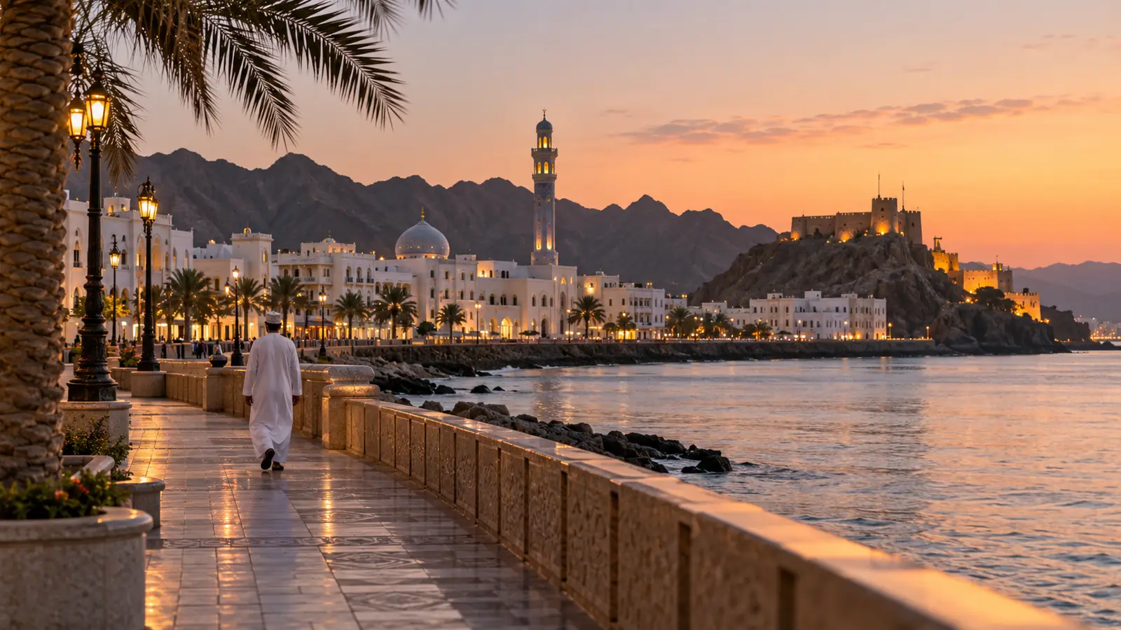 كورنيش مسقط عند الغروب ورجل بالدشداشة من بعيد، صورة عن تعارف بنات سلطنة عمان بنية الزواج