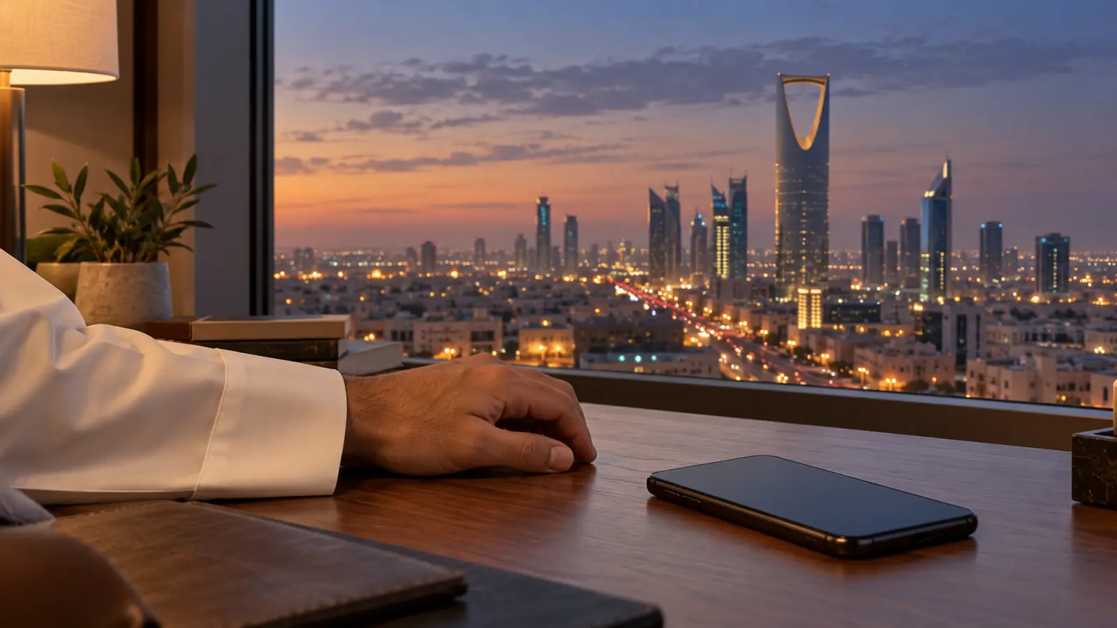 أفق الرياض عند الغروب من نافذة ويد رجل بجوار هاتف، تعبيرًا عن تعارف بنات السعودية بنية الزواج