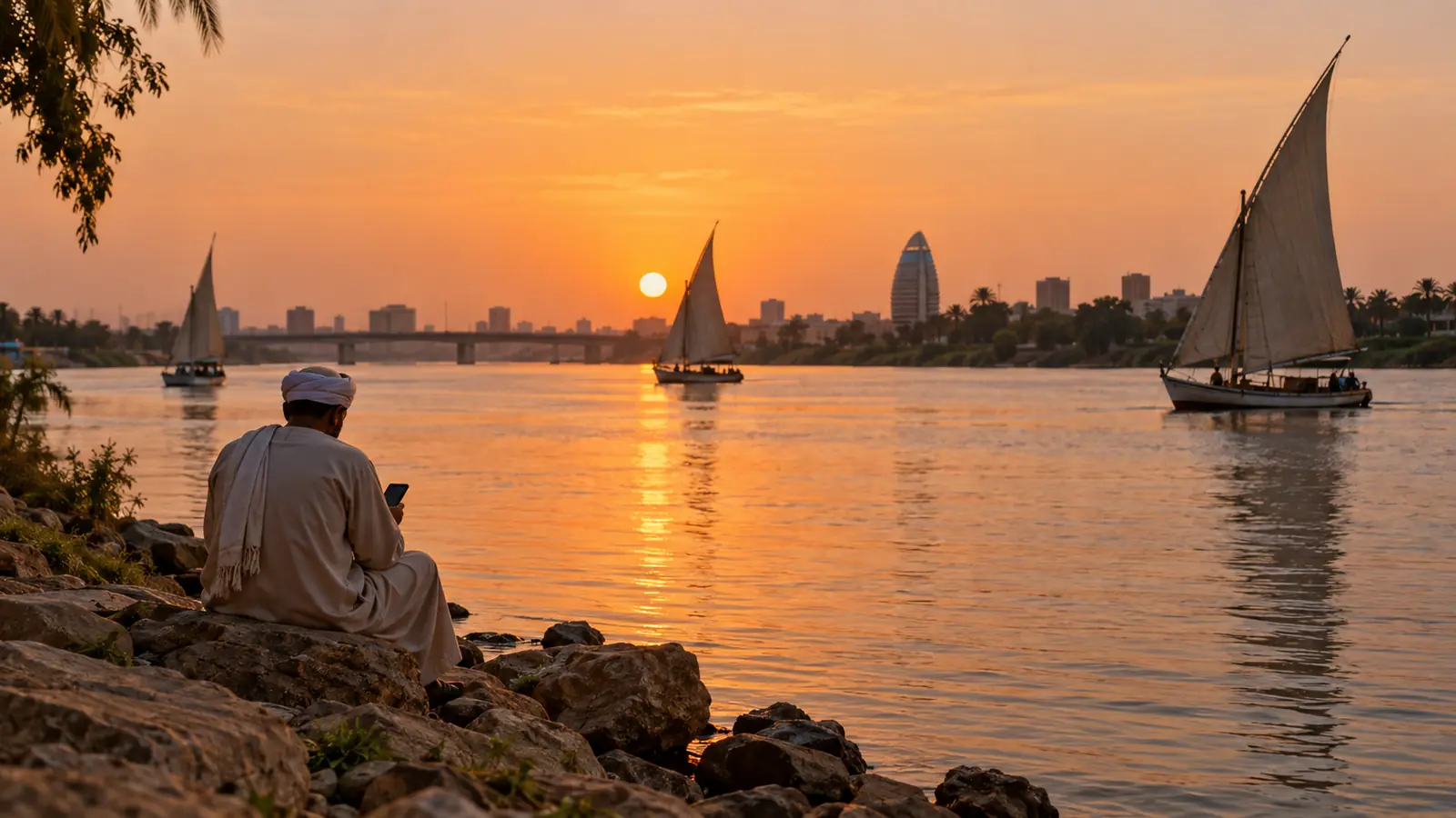 رجل عربي يقف على ضفة النيل عند الغروب ينظر إلى هاتفه، للتعارف بنية الزواج مع بنات السودان