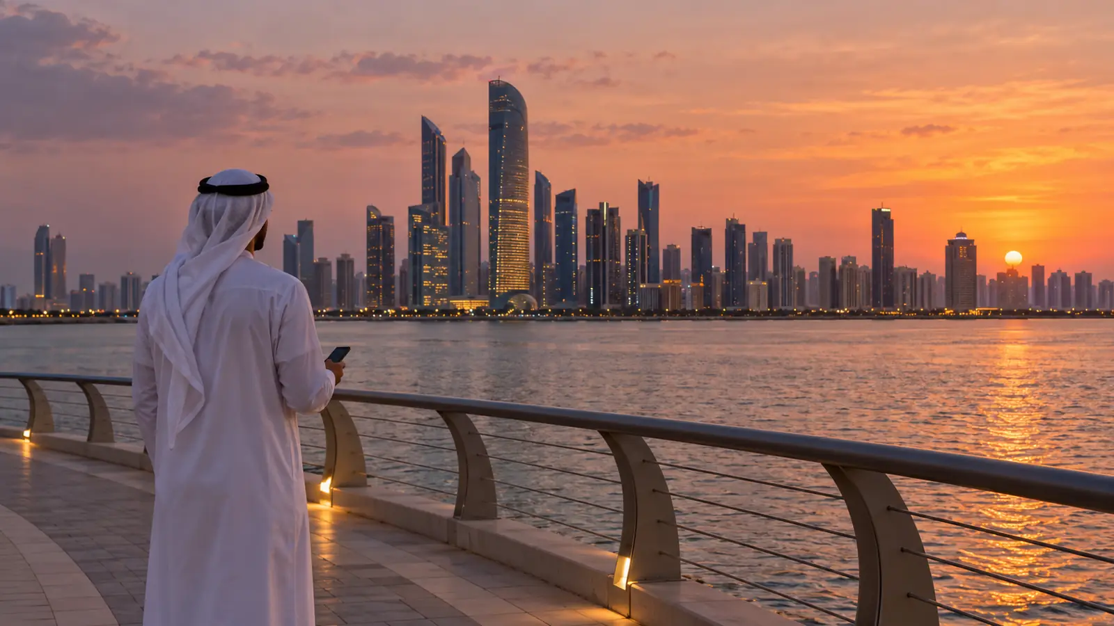 رجل بكندورة بيضاء يتصفح هاتفه على كورنيش أبوظبي عند الغروب لمقال تعارف بنات الإمارات
