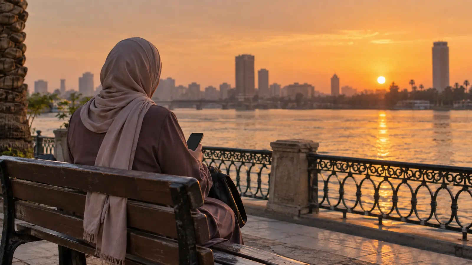 امرأة ترتدي ملابس محتشمة تجلس على مقعد بجانب النيل وتتصفح هاتفها في تعارف مصري للزواج