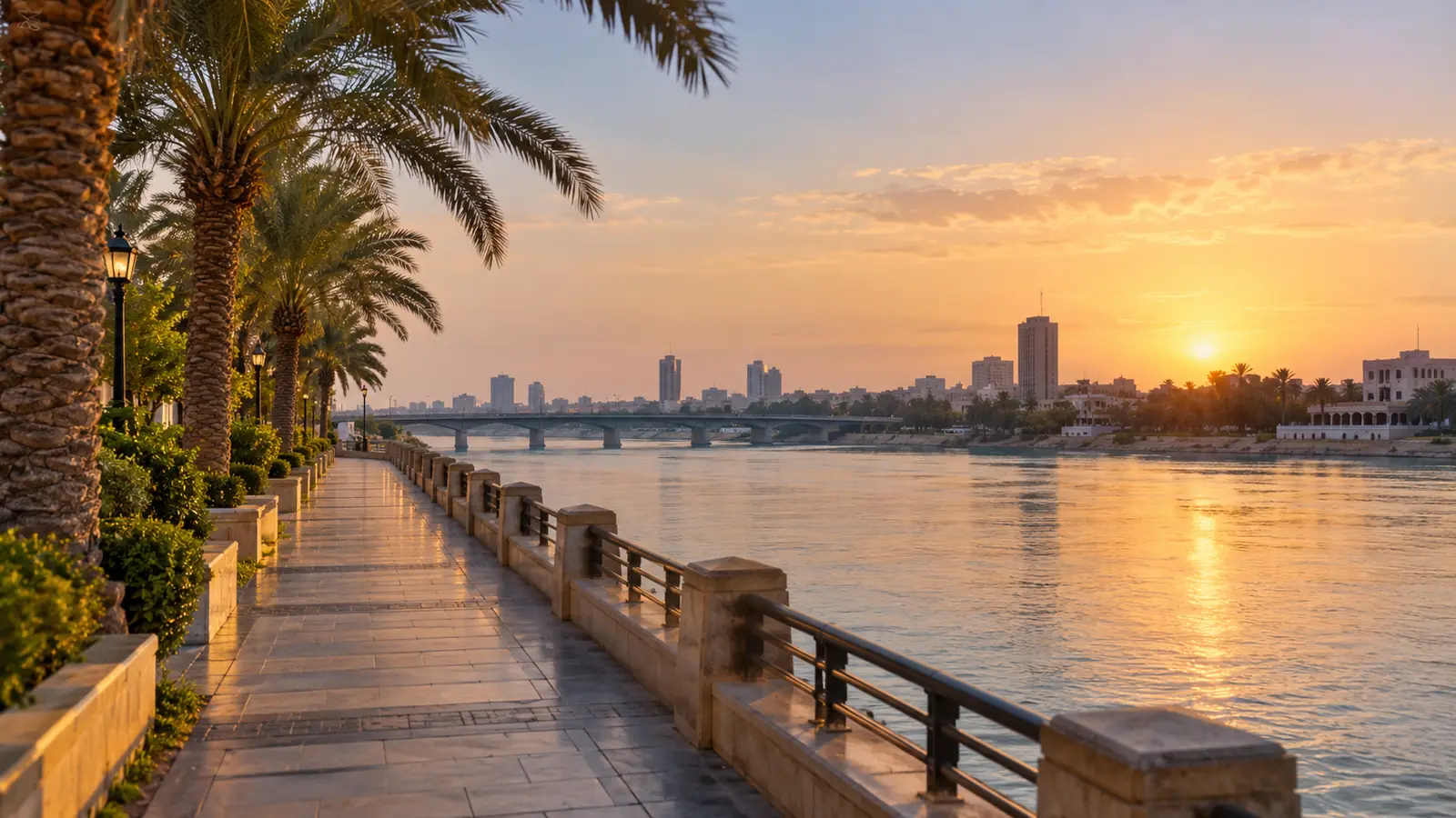 ضفة نهر دجلة في بغداد وقت المساء مع ممشى ونخيل