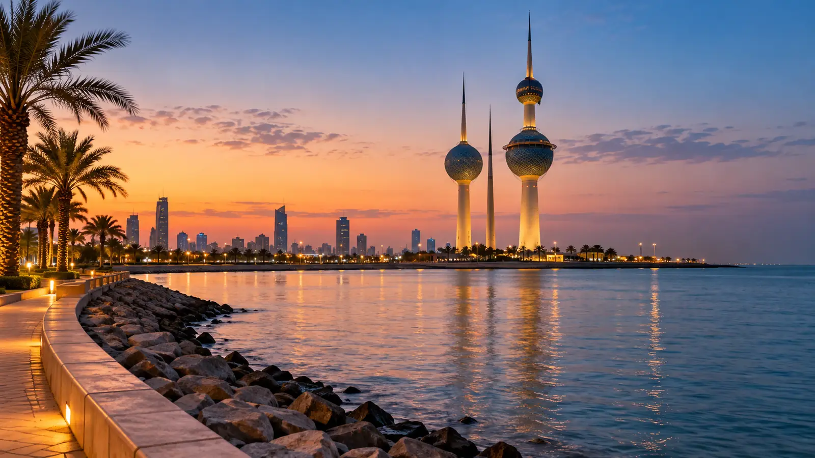 أبراج الكويت عبر مياه هادئة وقت الغروب من ممشى بحري