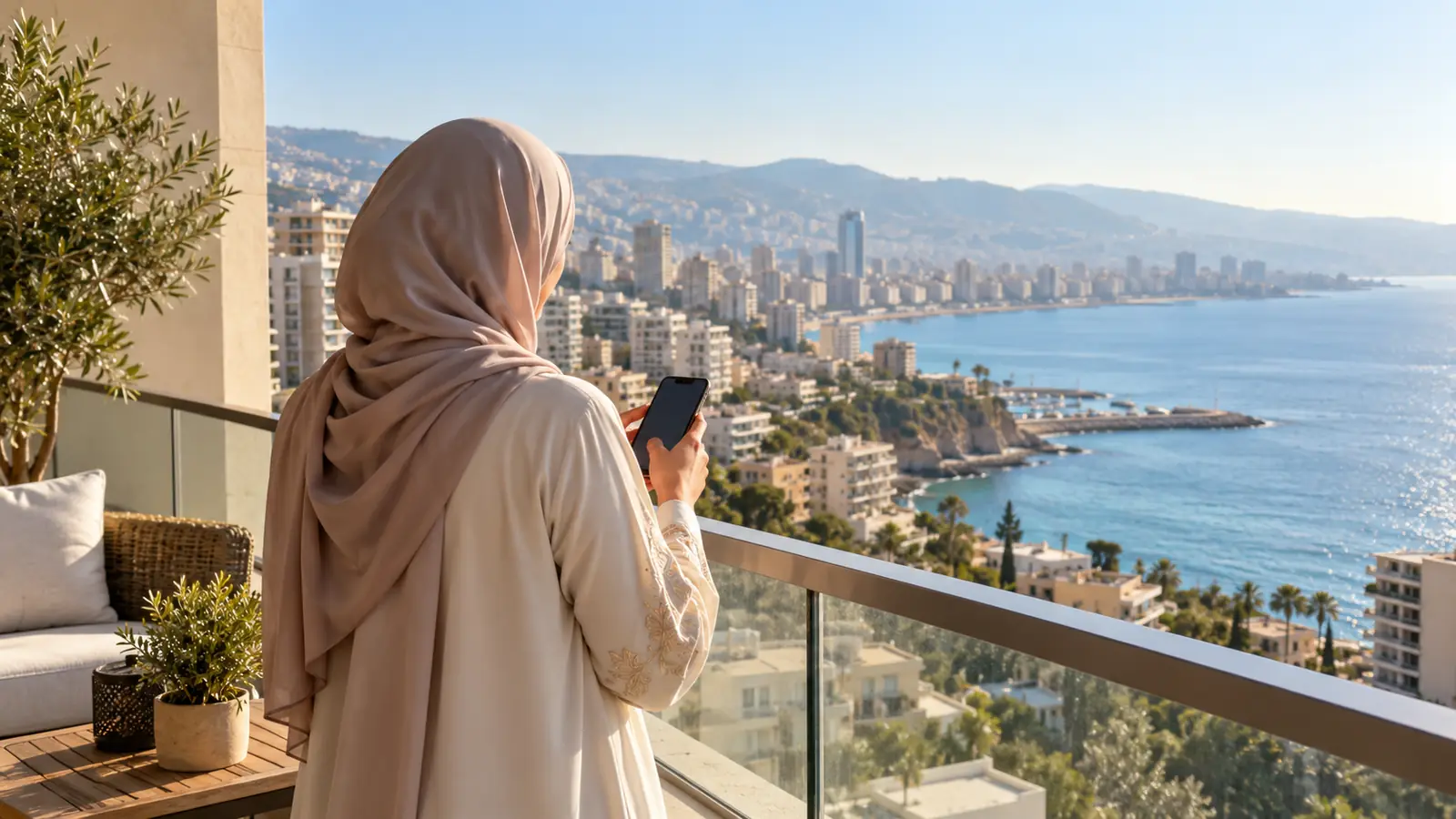 امرأة عربية من الخلف على شرفة تطل على ساحل بيروت وفي يدها هاتف، صورة تعبّر عن تعارف لبنان بنية الزواج