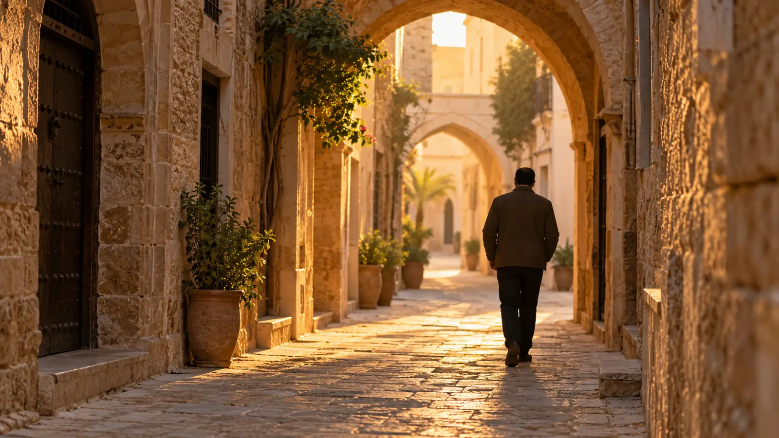 زقاق حجري بأقواس في المدينة القديمة بطرابلس ليبيا وقت الغروب ورجل من الخلف