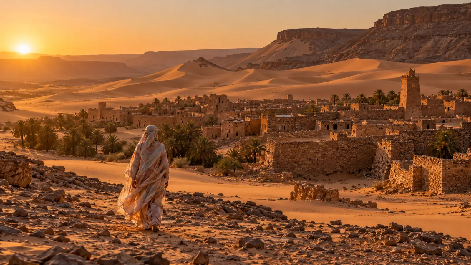 كثبان رملية ومدينة حجرية قديمة في موريتانيا وقت الغروب وامرأة بملحفة من الخلف