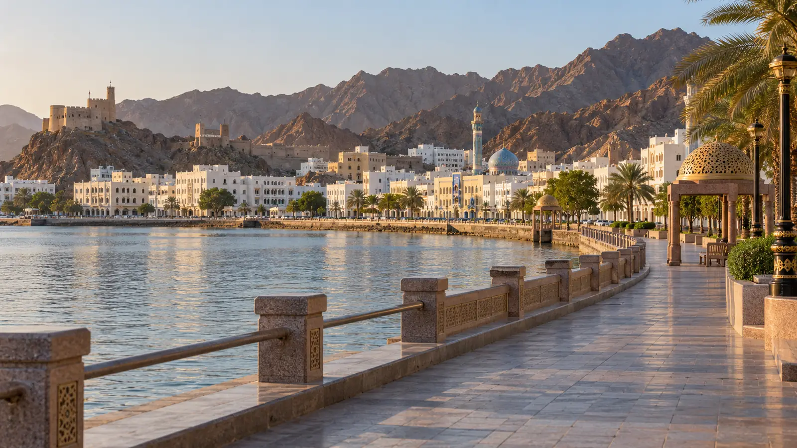 واجهة مطرح البحرية في مسقط وقت العصر مع الجبال خلفها