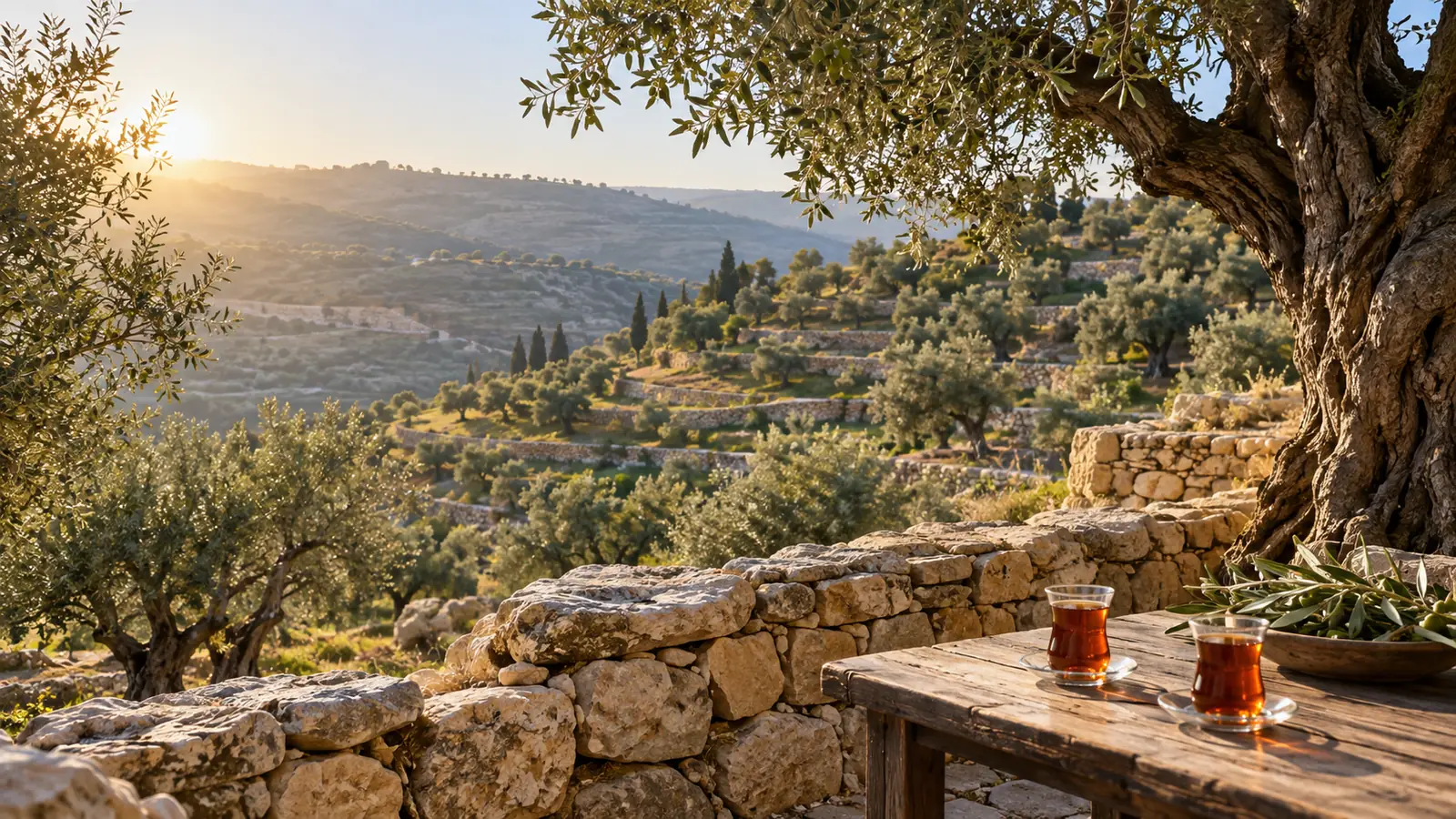 أشجار زيتون على سفح مدرّج وطاولة صغيرة عليها أكواب شاي في ضوء الصباح