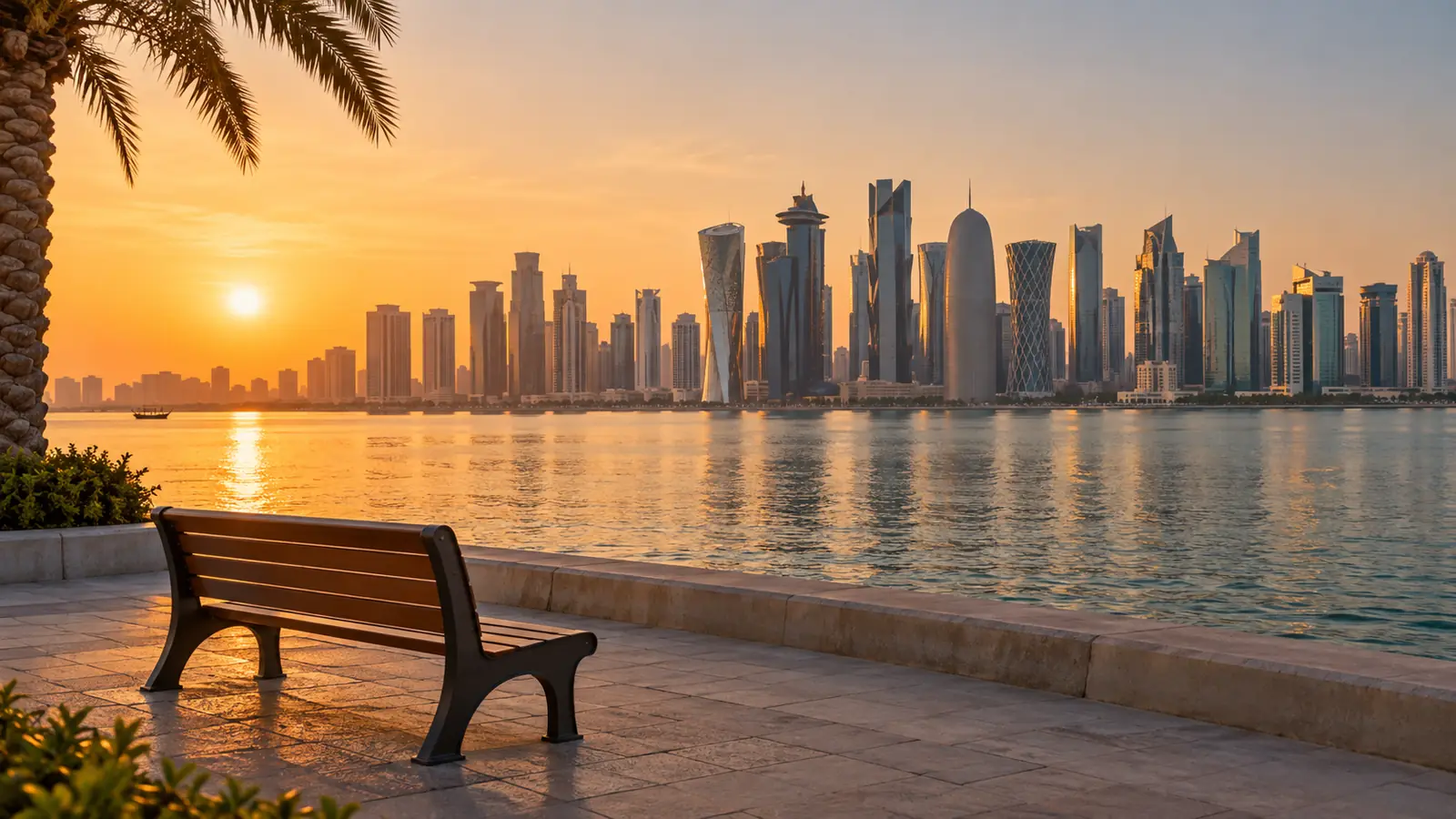 ممشى هادئ على كورنيش الدوحة وقت الغروب مع أفق المدينة