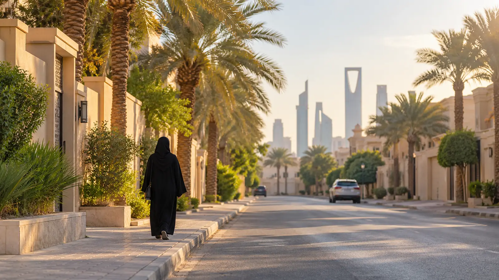 شارع سكني هادئ في مدينة سعودية وقت الصباح مع نخيل