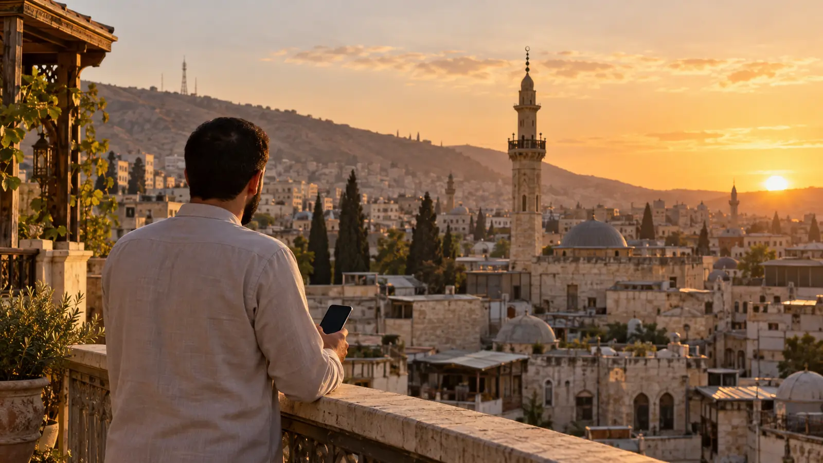 رجل عربي من الخلف على سطح يطل على دمشق القديمة وفي يده هاتف، صورة لموضوع تعارف دمشق بنية الزواج