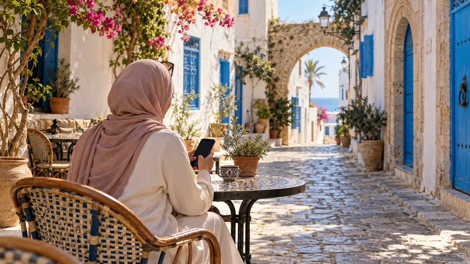 امرأة تراجع ملفات تعارف بنية الزواج في زقاق تونسي مضاء بضوء الصباح