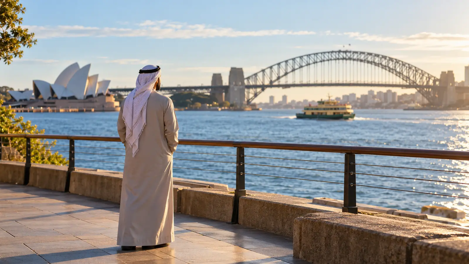رجل عربي يتأمل ميناء أسترالي عند الصباح، تعارف في أستراليا للزواج