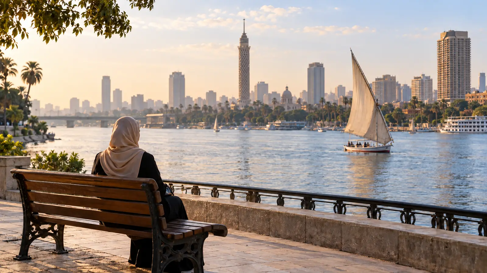 كورنيش النيل في القاهرة صباحًا مع مركب شراعي وسيدة محتشمة تجلس من الخلف