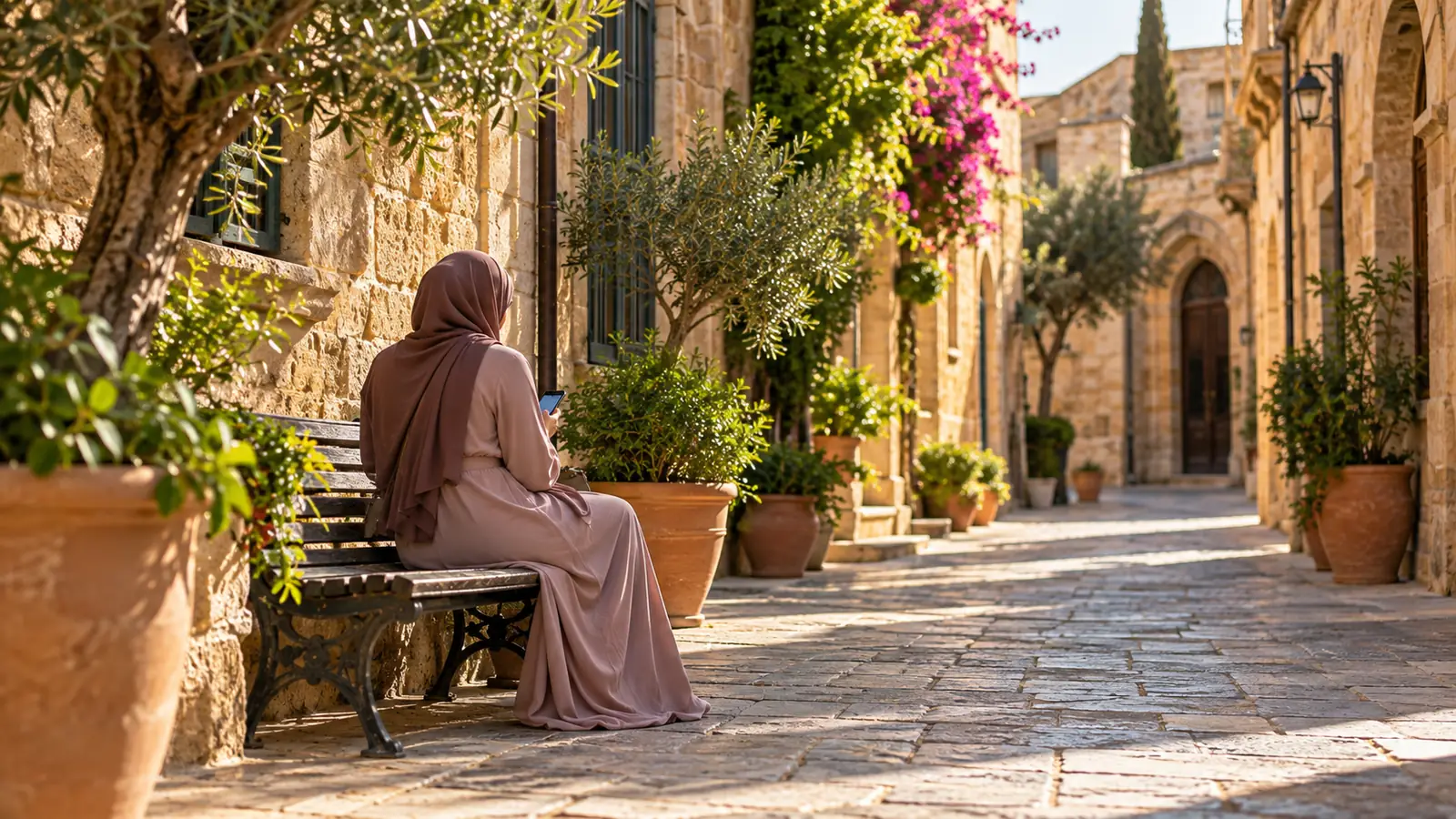 امرأة عربية تجلس على مقعد في شارع حجري بقبرص وتقرأ رسالة في رحلة تعارف في قبرص للزواج
