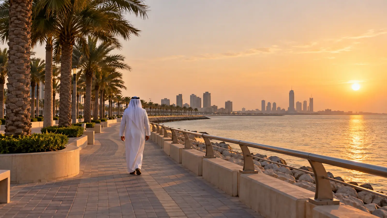 كورنيش الخبر على الخليج العربي عند الغروب ورجل بثوب أبيض يمشي من الخلف