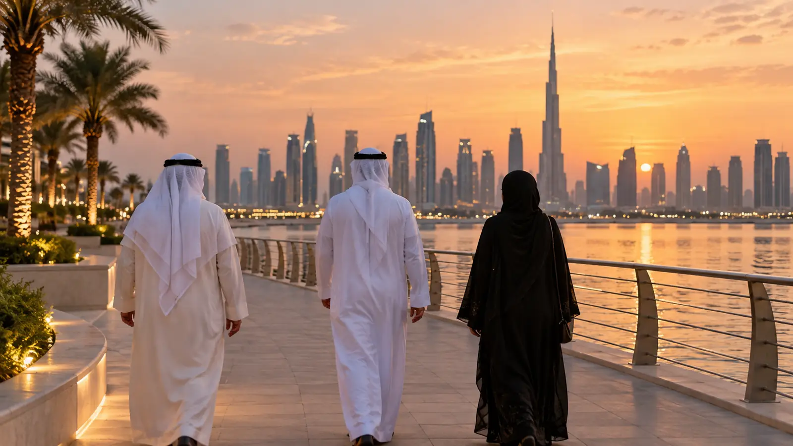 ممشى على الواجهة المائية في دبي وقت الغروب وأسرة تتمشى بهدوء