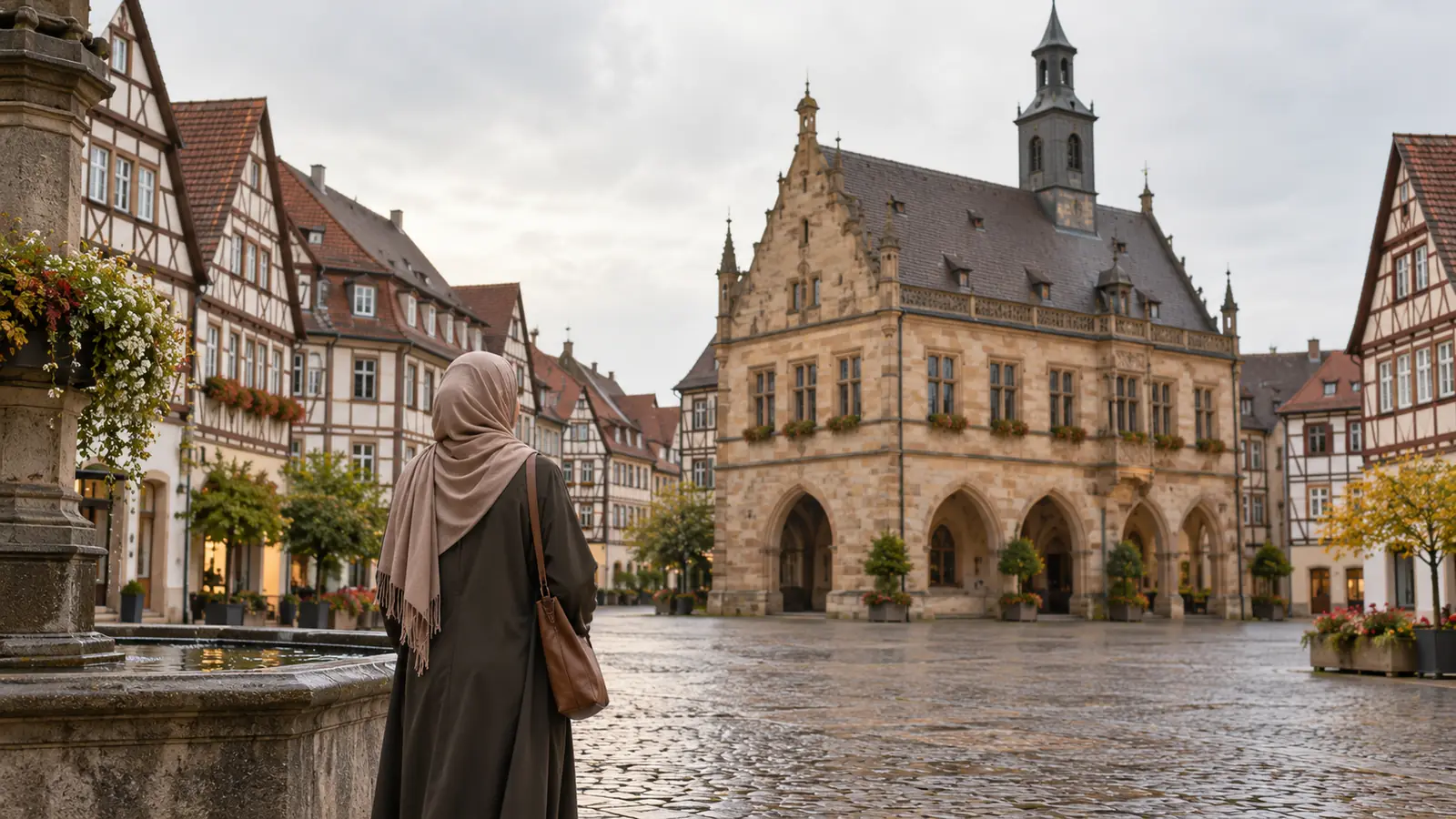 ساحة مدينة ألمانية هادئة وامرأة عربية محتشمة من الخلف، للتعارف في ألمانيا بنية الزواج