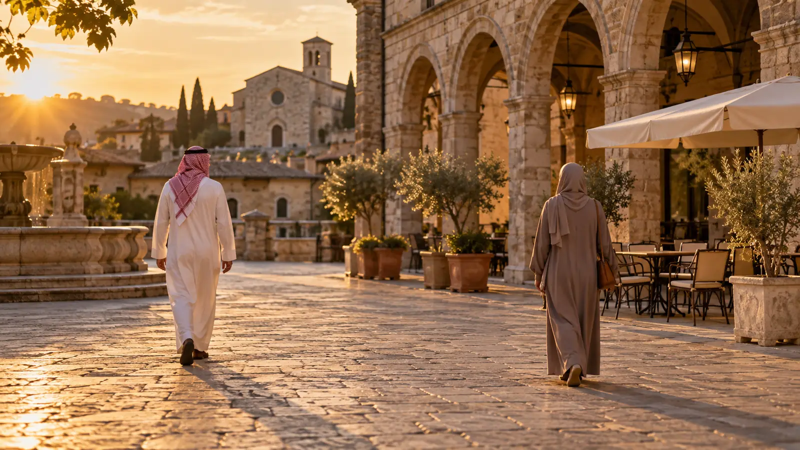 ساحة إيطالية هادئة عند الغروب يمرّ فيها رجل وامرأة من الخلف بمسافة محترمة، صورة معبّرة عن تعارف في إيطاليا