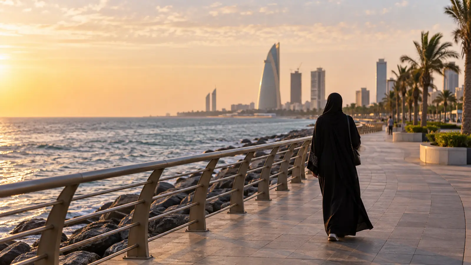 امرأة بعباءة من الخلف تمشي على كورنيش جدة بجوار البحر في ضوء العصر