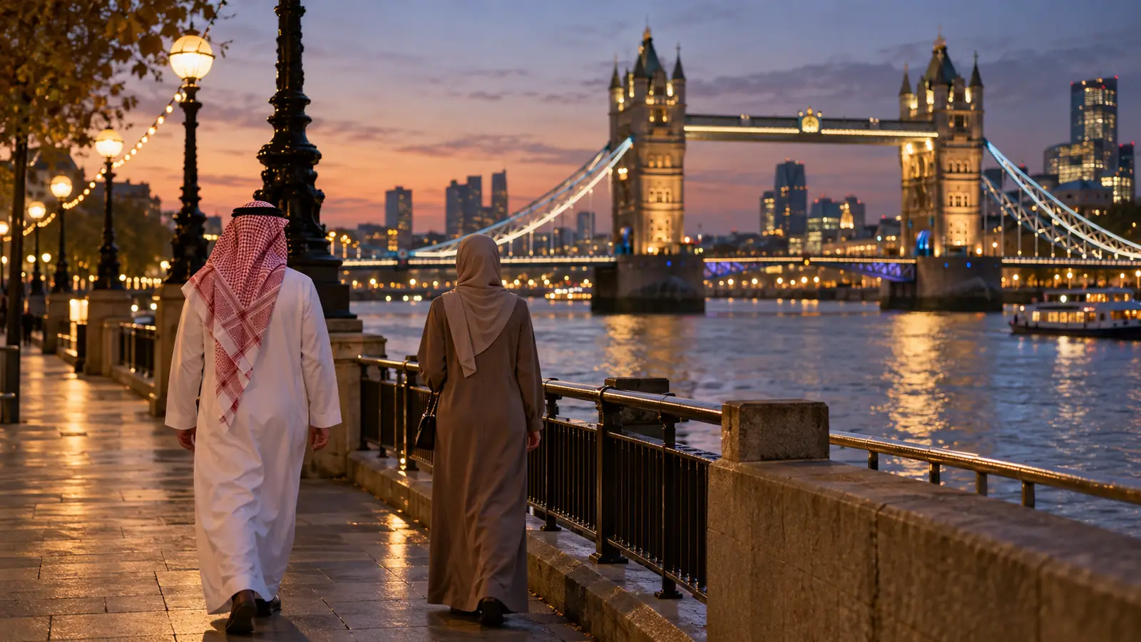 عربيان محتشمان من الخلف يسيران على ضفة نهر التيمز عند الغروب في لندن
