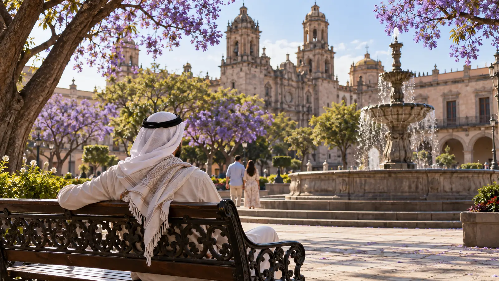 ساحة مكسيكية مشمسة بنافورة وأشجار تعبّر عن تعارف في المكسيك للزواج بين العرب المقيمين