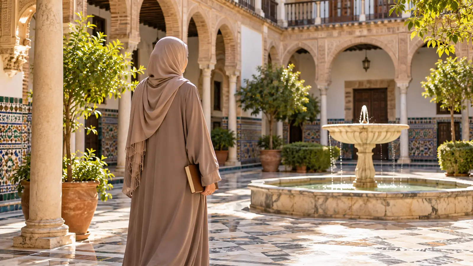 فناء إسباني مبلّط بنافورة وامرأة عربية محتشمة من الخلف، للتعارف في إسبانيا بنية الزواج