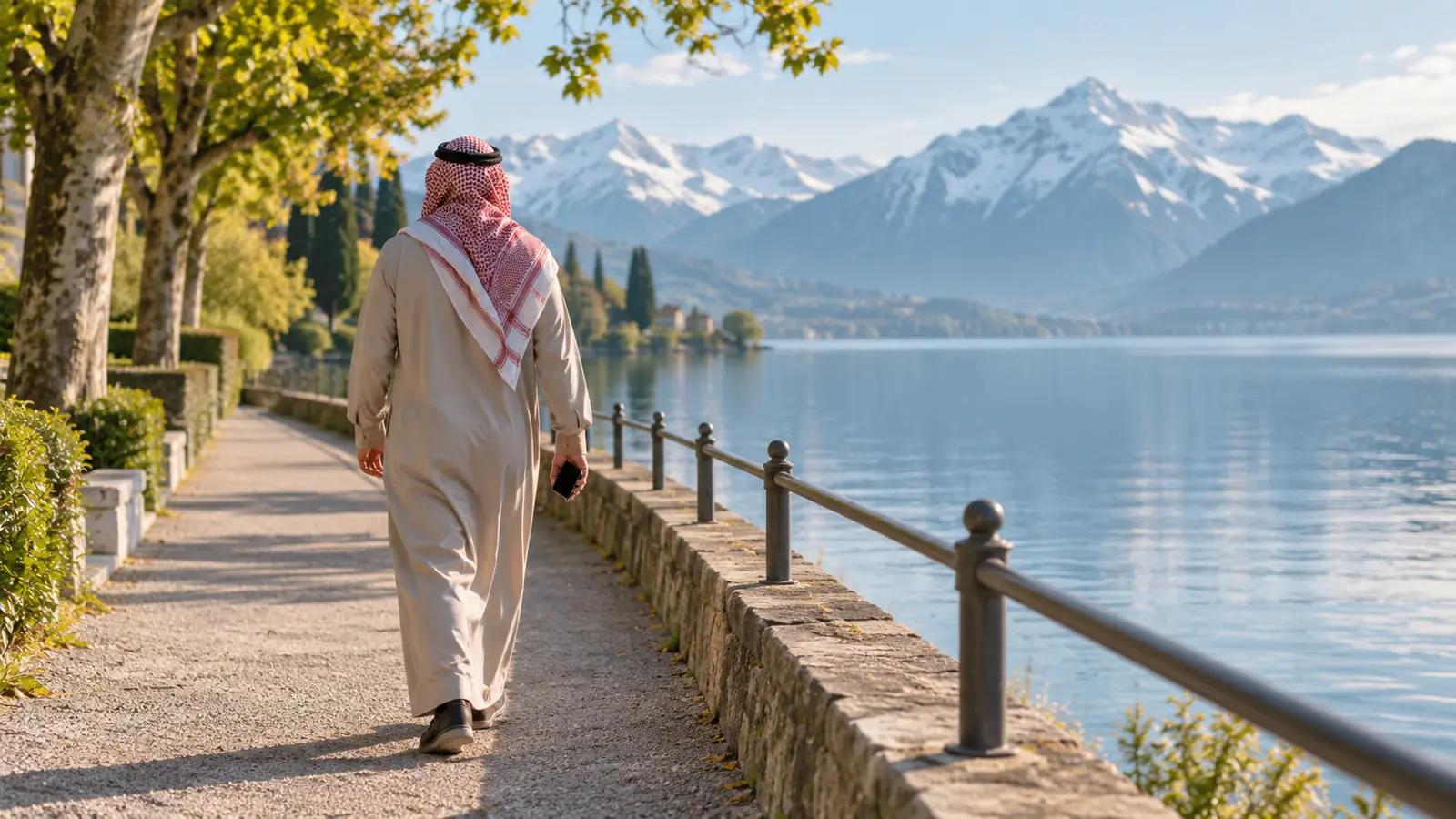 مقيم عربي يمشي على ضفة بحيرة سويسرية وهو يبحث عن تعارف في سويسرا بهدف الزواج