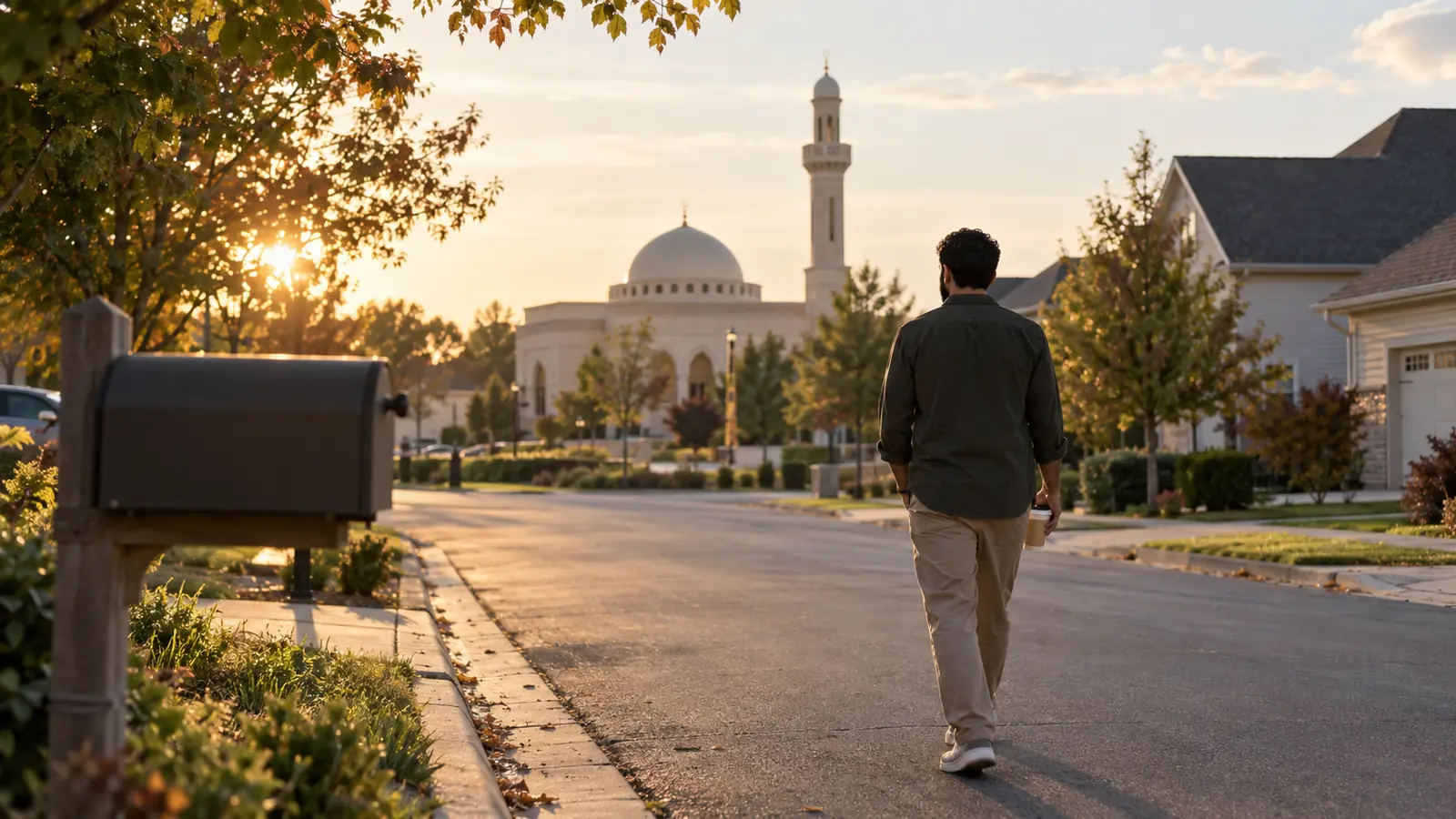 شارع أمريكي واسع بعد العصر ورجل عربي من الخلف يحمل كوب قهوة، للتعارف في أمريكا