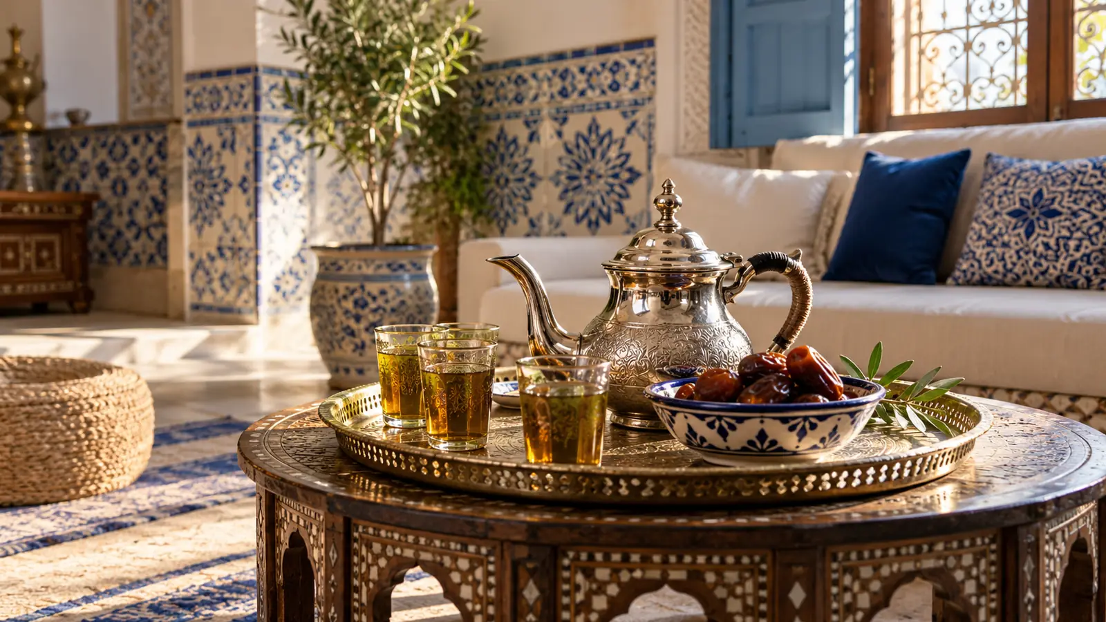 صينية شاي وتمر على طاولة في صالون تونسي تقليدي بجدران زرقاء وبيضاء