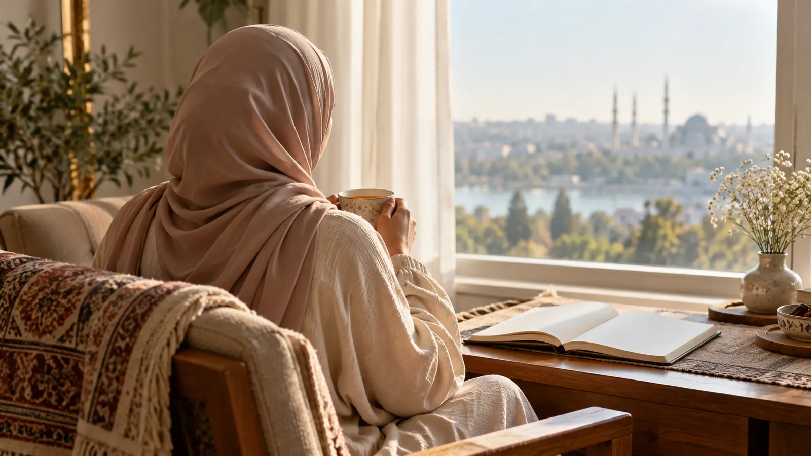امرأة عربية محتشمة من الخلف عند نافذة مضيئة تفكر في البحث عن زوج