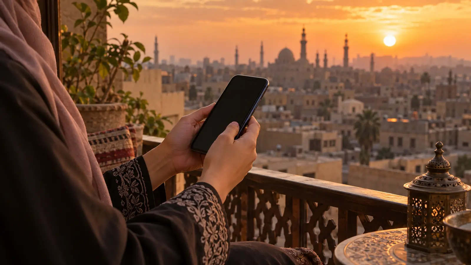 يدا امرأة تمسك هاتفًا على شرفة تطل على أسطح القاهرة أثناء البحث عن زوج مصري