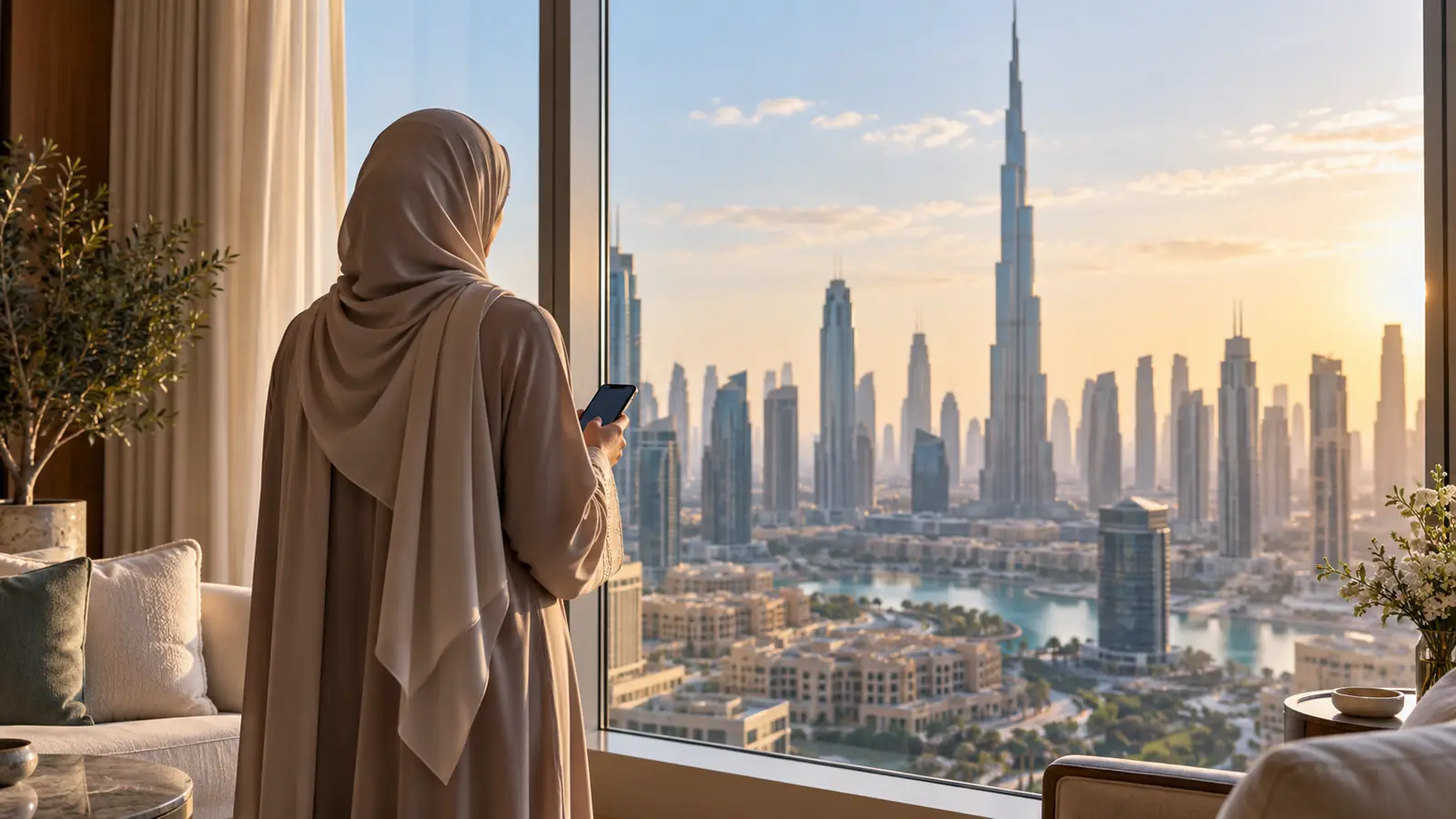 امرأة ترى من الخلف تنظر من نافذة إلى أفق دبي وهي تبحث عن زوج في الإمارات
